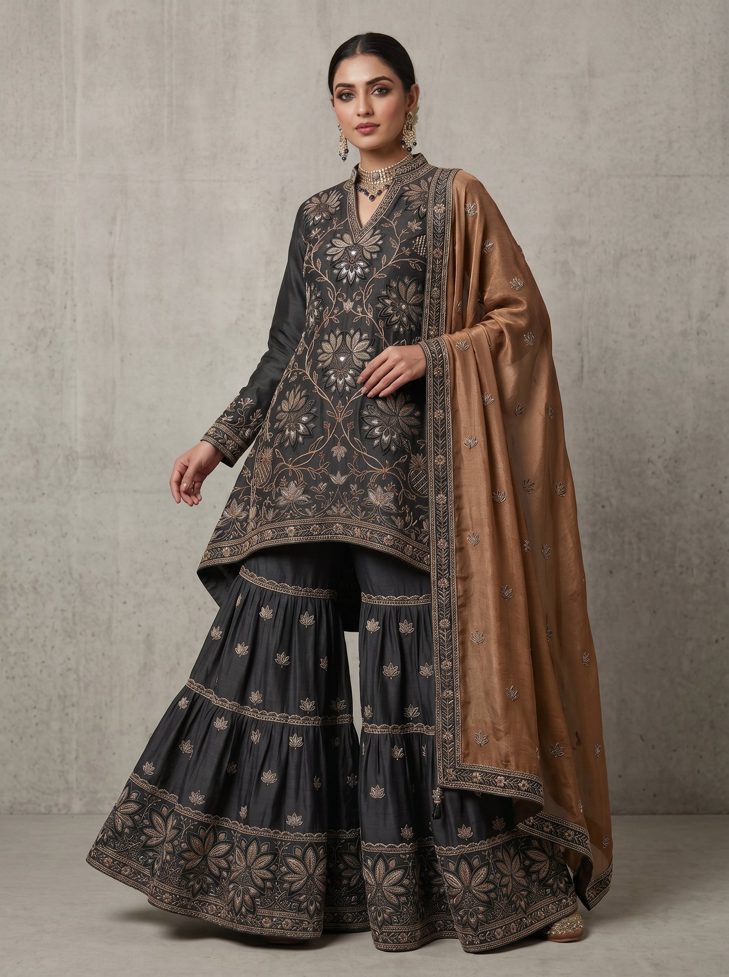 Midnight Blue Hand-Embroidered Pure Silk | Couture Sharara Set