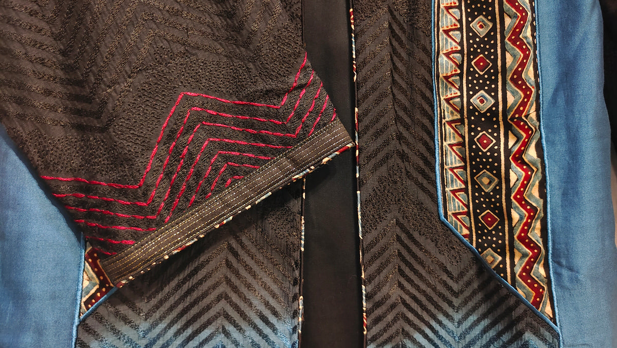 Formal Aaroh Indigo Black Ajrakh Chanderi Midlength Jacket