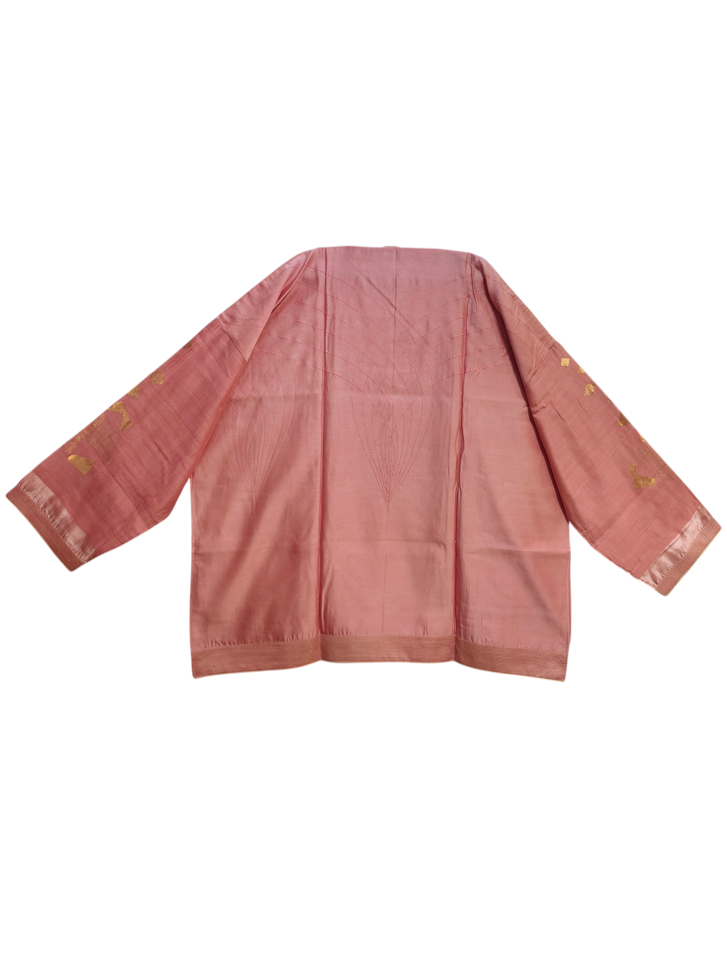 Pink traditional garment with gold embroidery on a white background