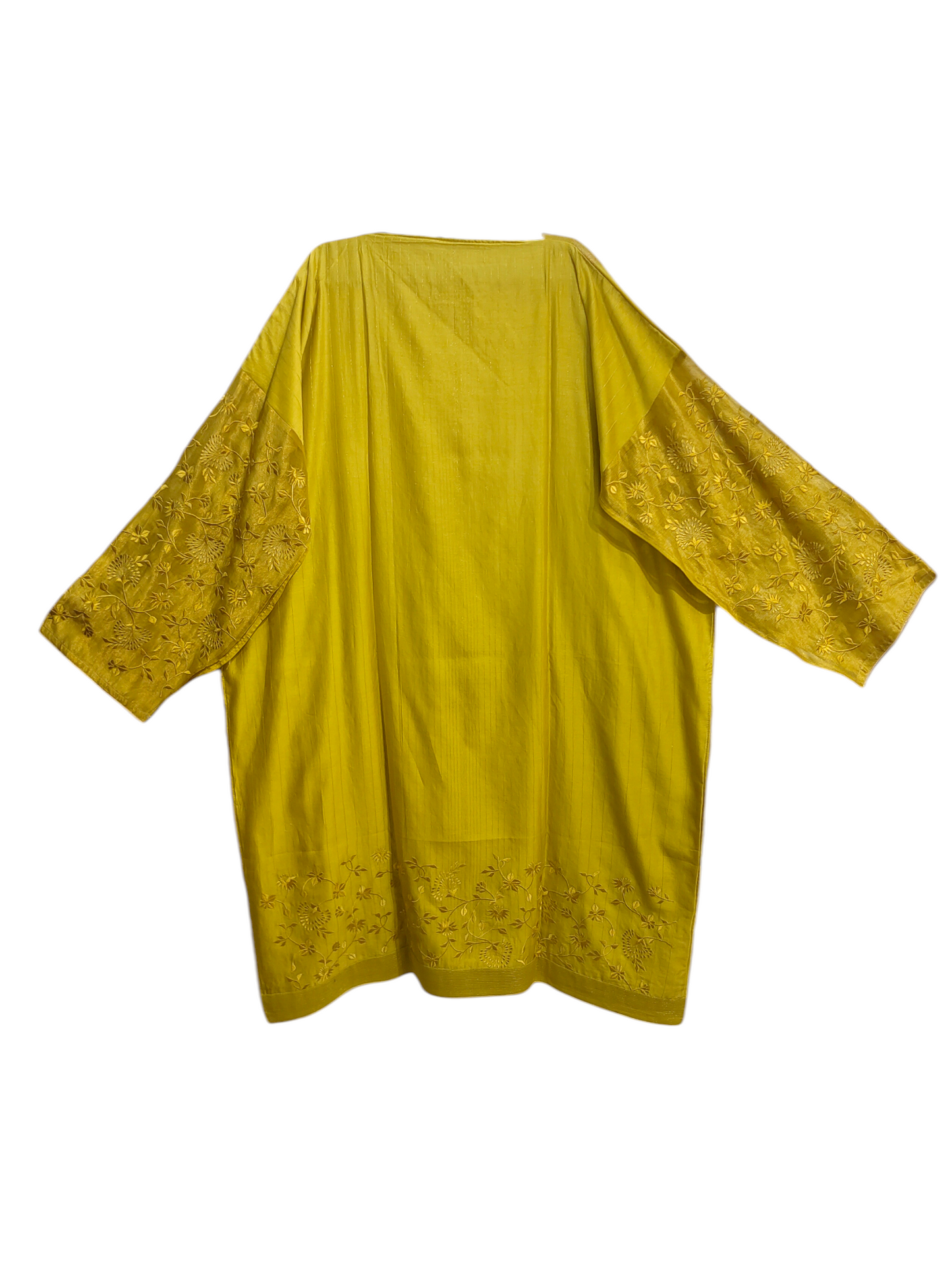 Yellow kurta with embroidered details on a white background