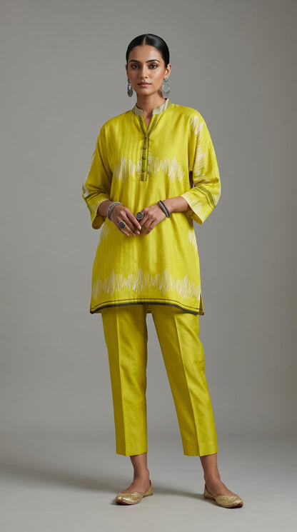 Woman wearing a bright green traditional outfit with a plain background