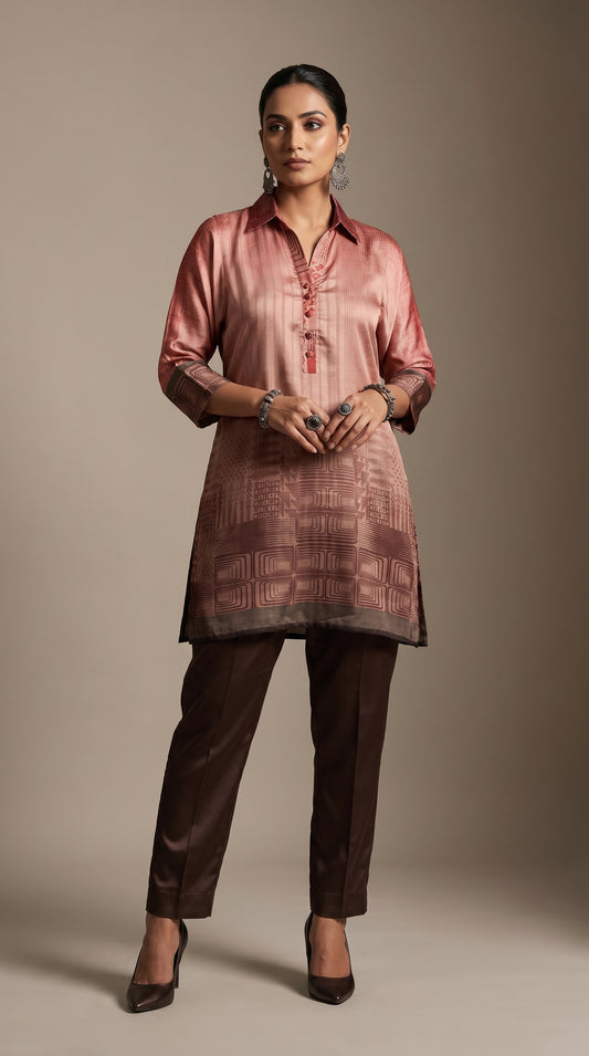 Woman wearing a pink kurta with brown pants against a beige background