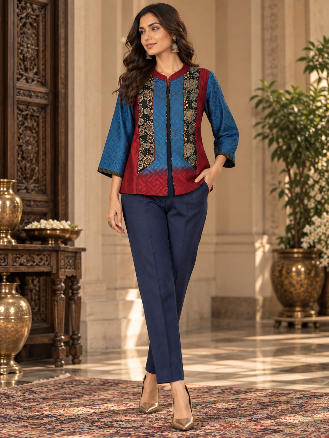 Formal Vira Cobalt Maroon Ajrakh Chanderi Midlength Jacket