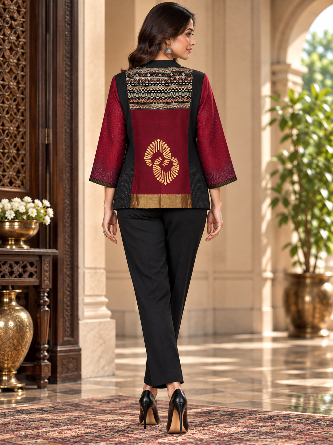 Formal Saanjh Maroon Black Ajrakh Chanderi Midlength Jacket
