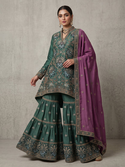 Midnight Blue Hand-Embroidered Pure Silk  | Couture Sharara Set
