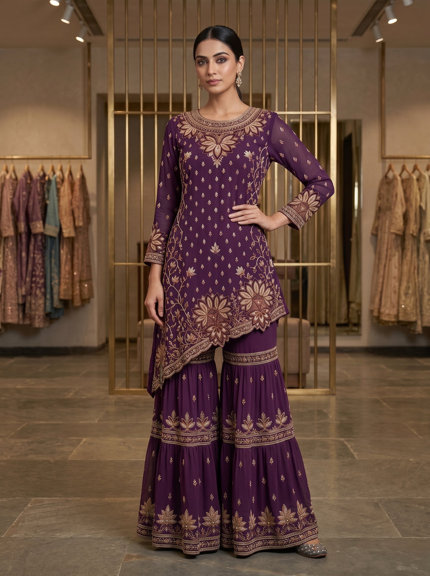 Olive Green Floral Embellished | Couture Sharara Set
