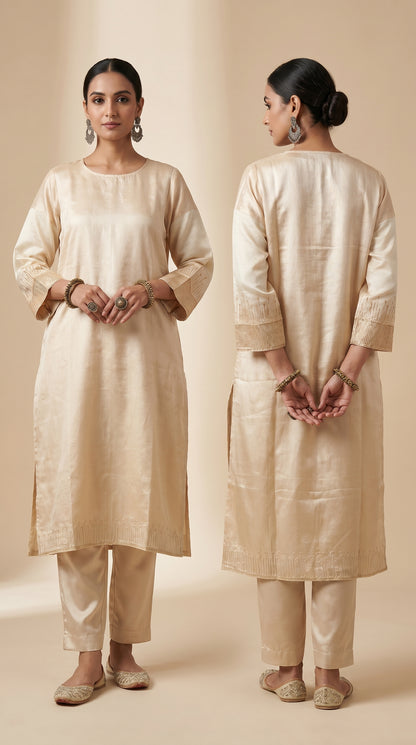 Woman wearing a beige kurta with pants, shown from front and back, on a beige background.