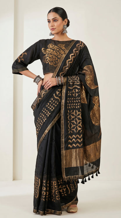 Woman wearing a black saree with gold patterns on a white background