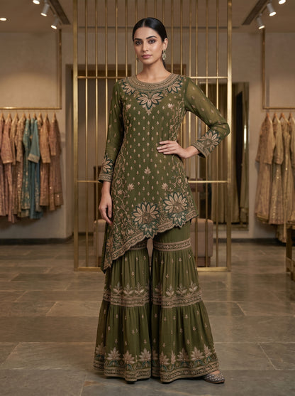 Olive Green Floral Embellished | Couture Sharara Set