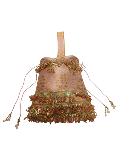 Saanjh Blush Gold Embroidered Fringe Potli