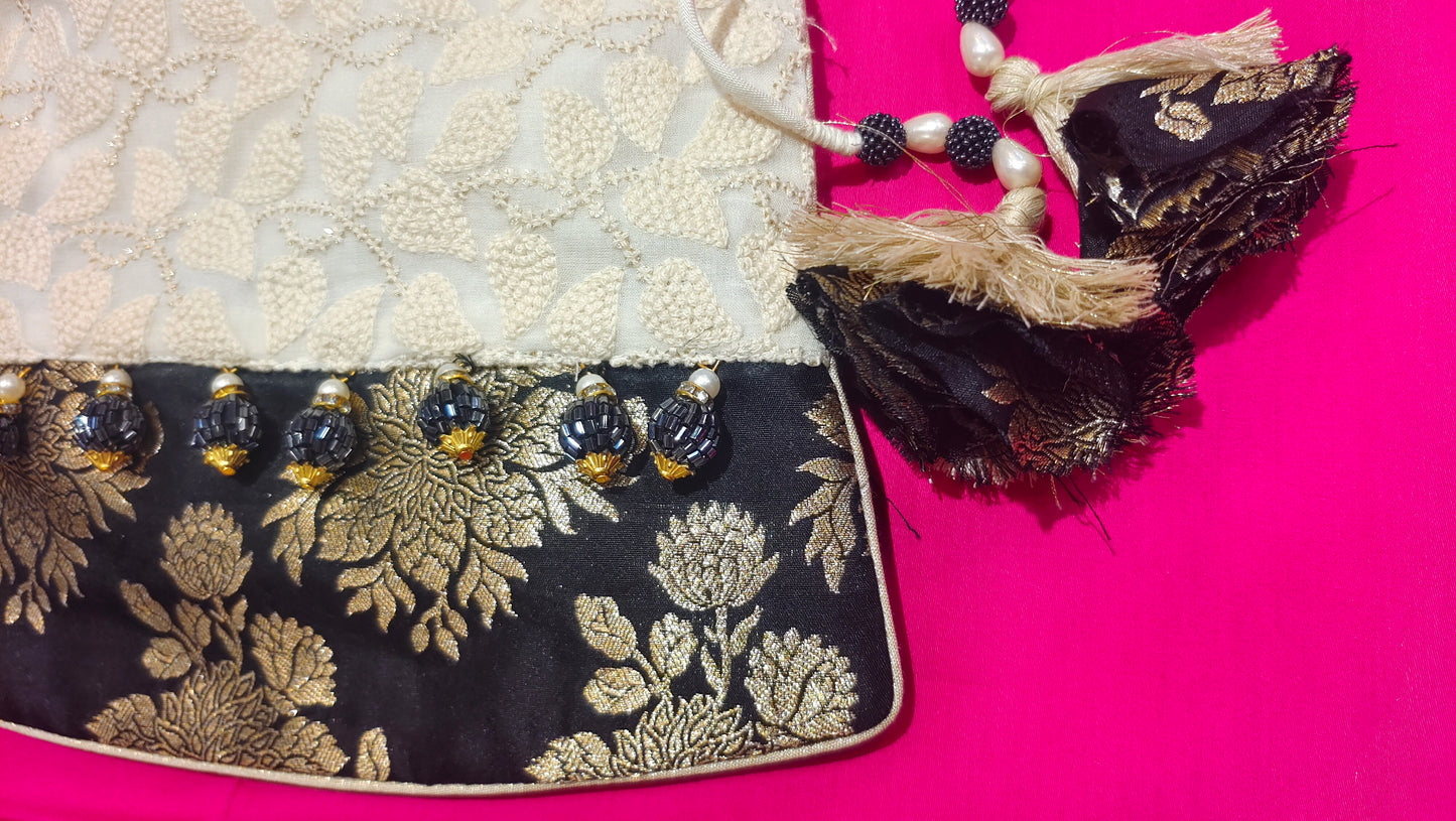 Eira Ivory Textured Bustier Potli with Brocade Floral Border