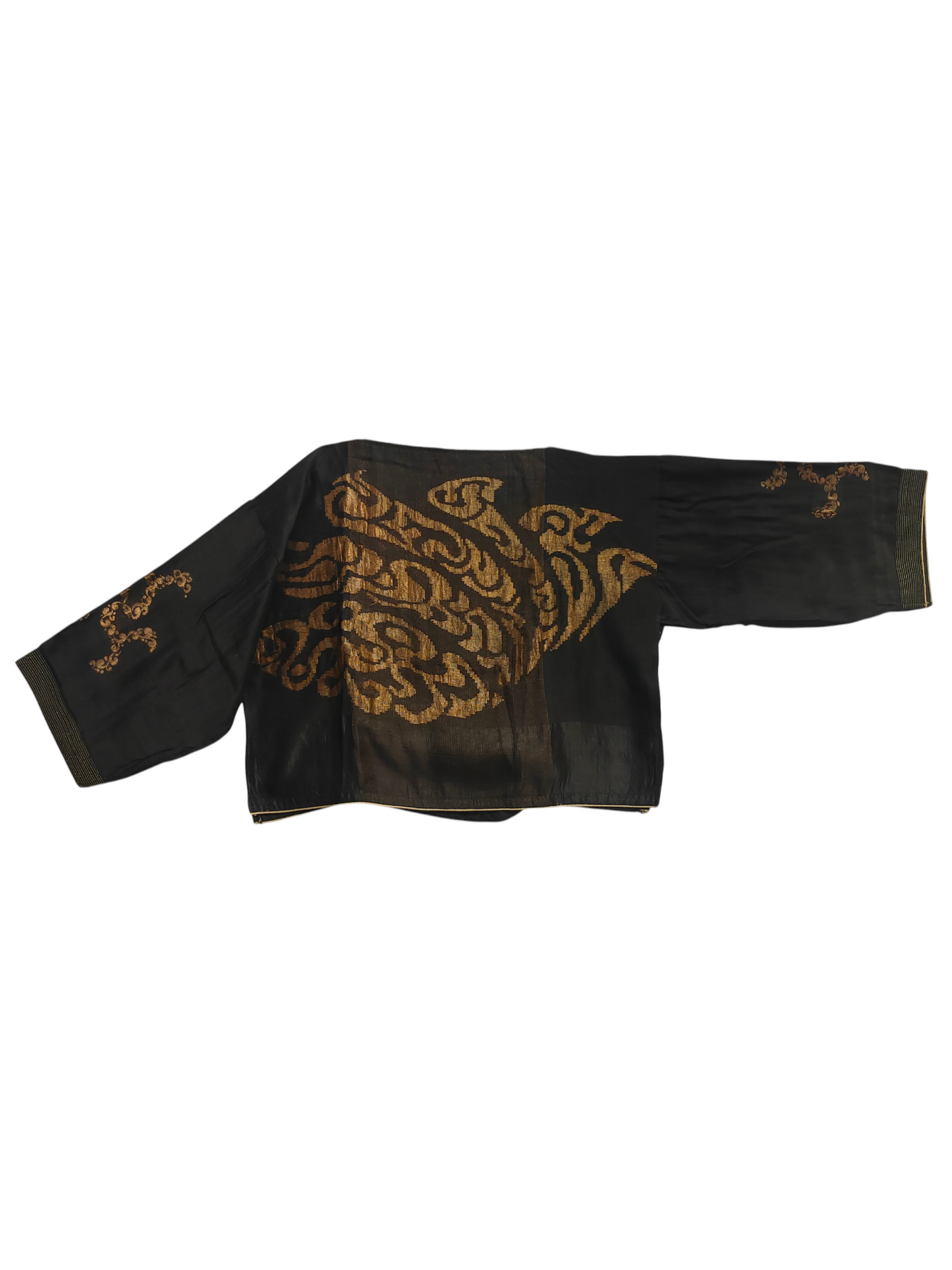 Black garment with gold embroidery on a white background