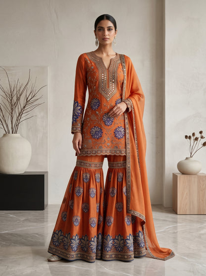 Midnight Peacock Embroidered Georgette | Couture Sharara Set