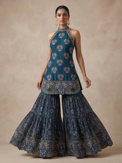 Earthy Rust Hand-Embroidered Georgette | Couture Sharara Set
