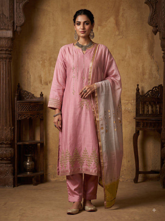 Semi Stitched Chanderi Formal Suitset