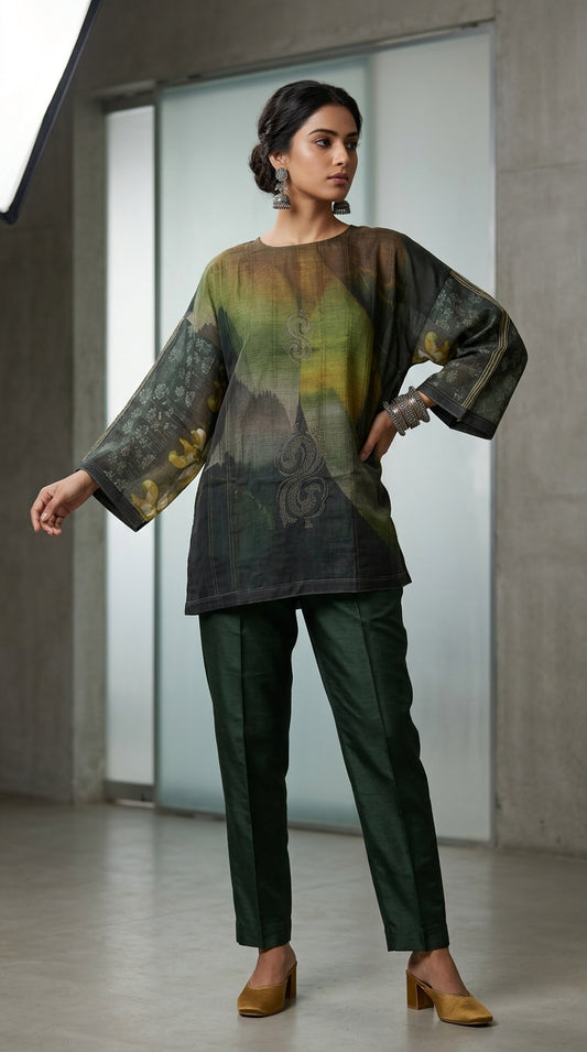 Semistitched Silk Linen Kota Digital Printed Short Tunic