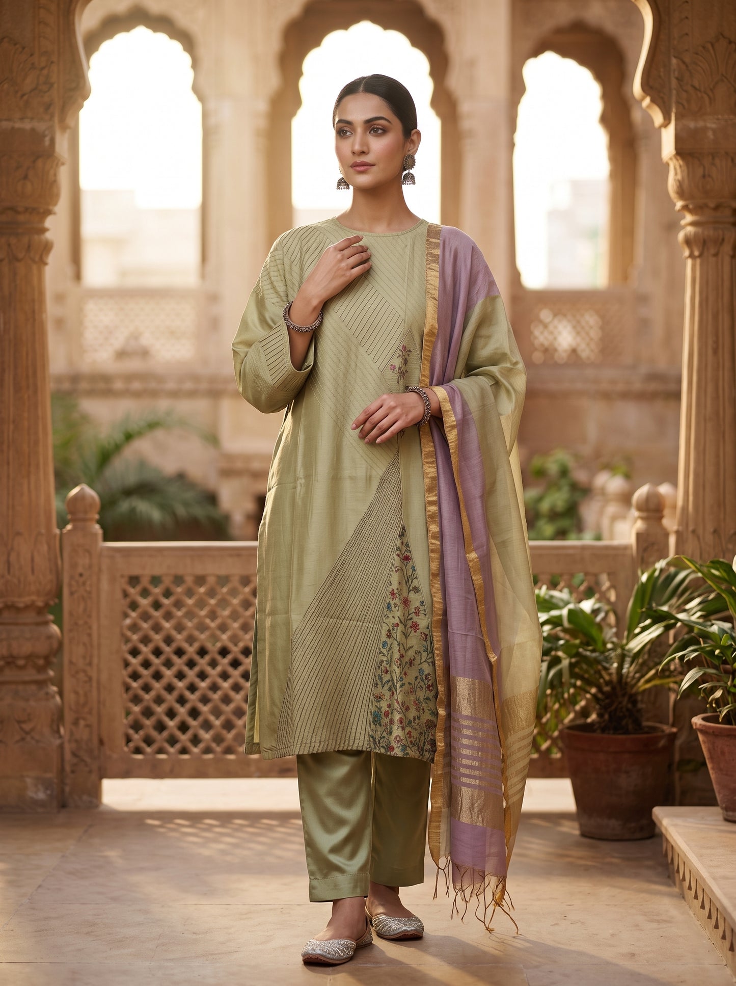 Semi Stitched Chanderi Formal Suitset