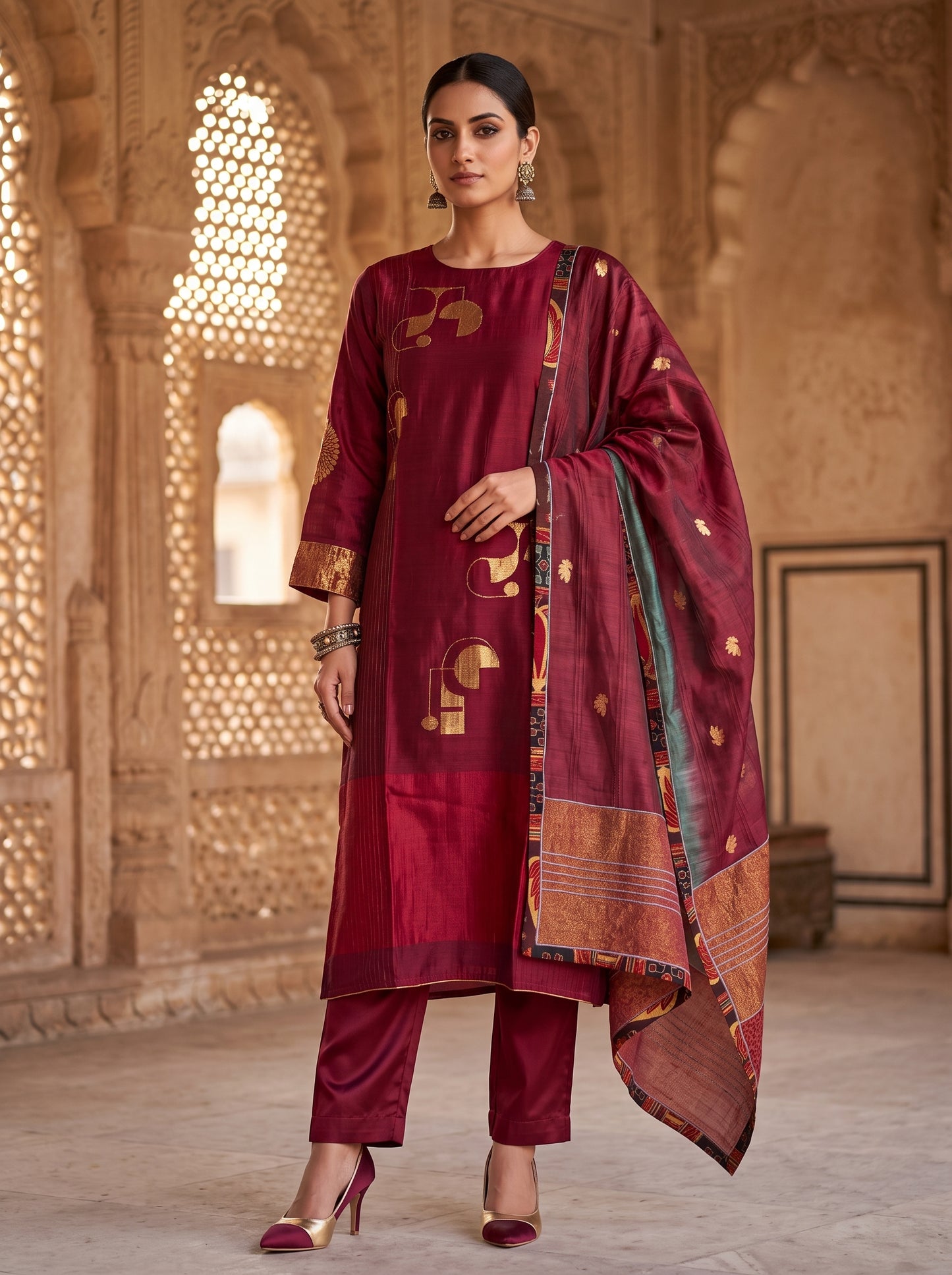 Semi Stitched Chanderi Formal Suitset