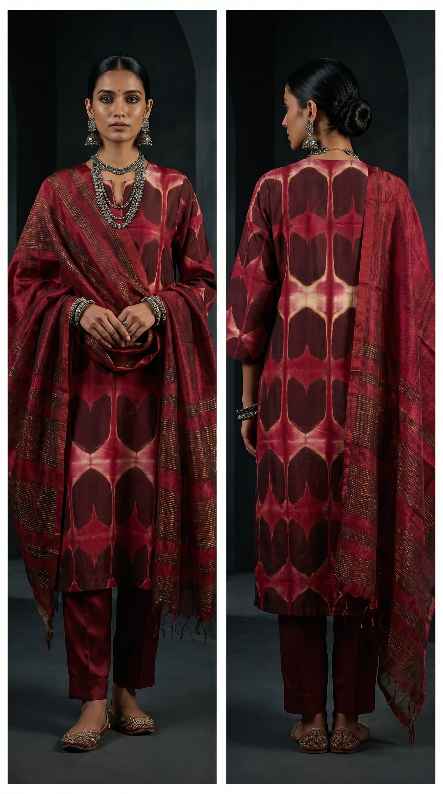 Woman wearing a red patterned kurta with red dupatta on a dark background