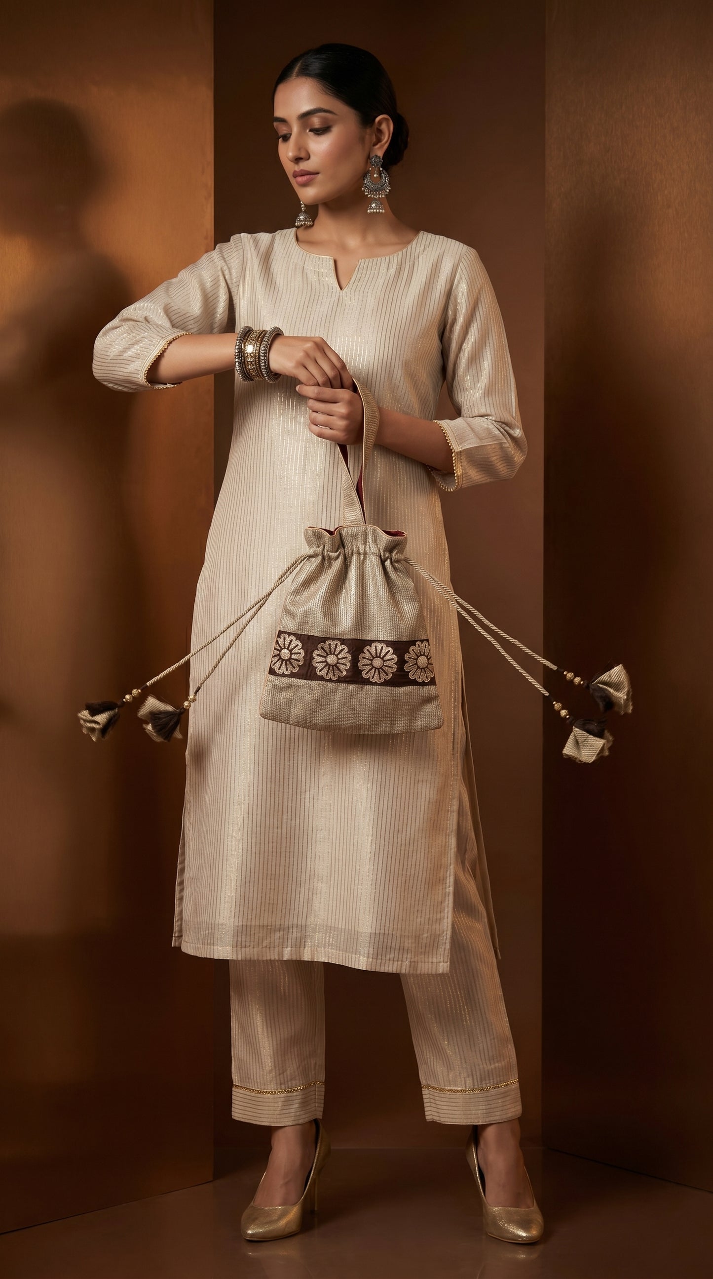 Woman holding a beige handbag with decorative elements against a brown background