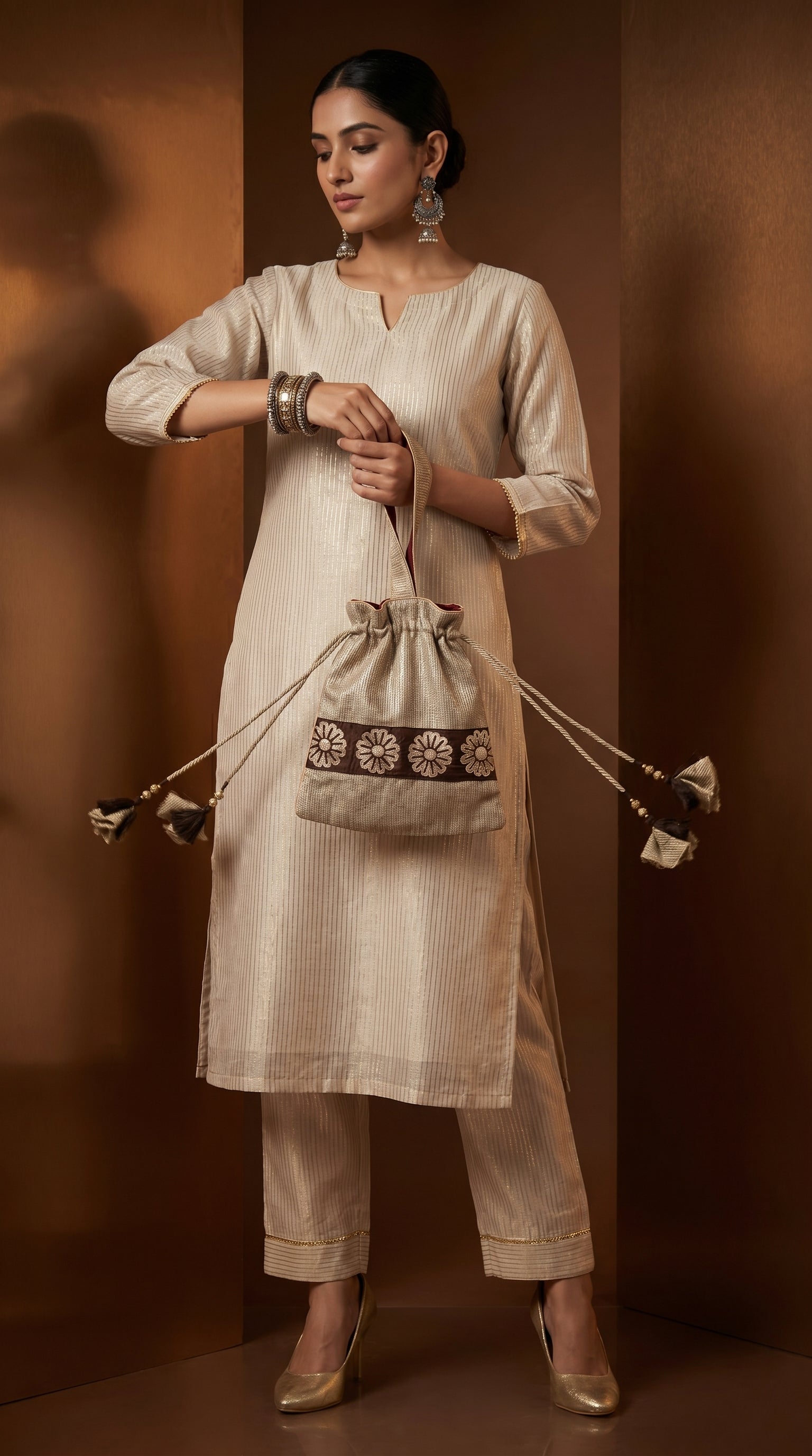 Woman holding a beige handbag with decorative elements against a brown background