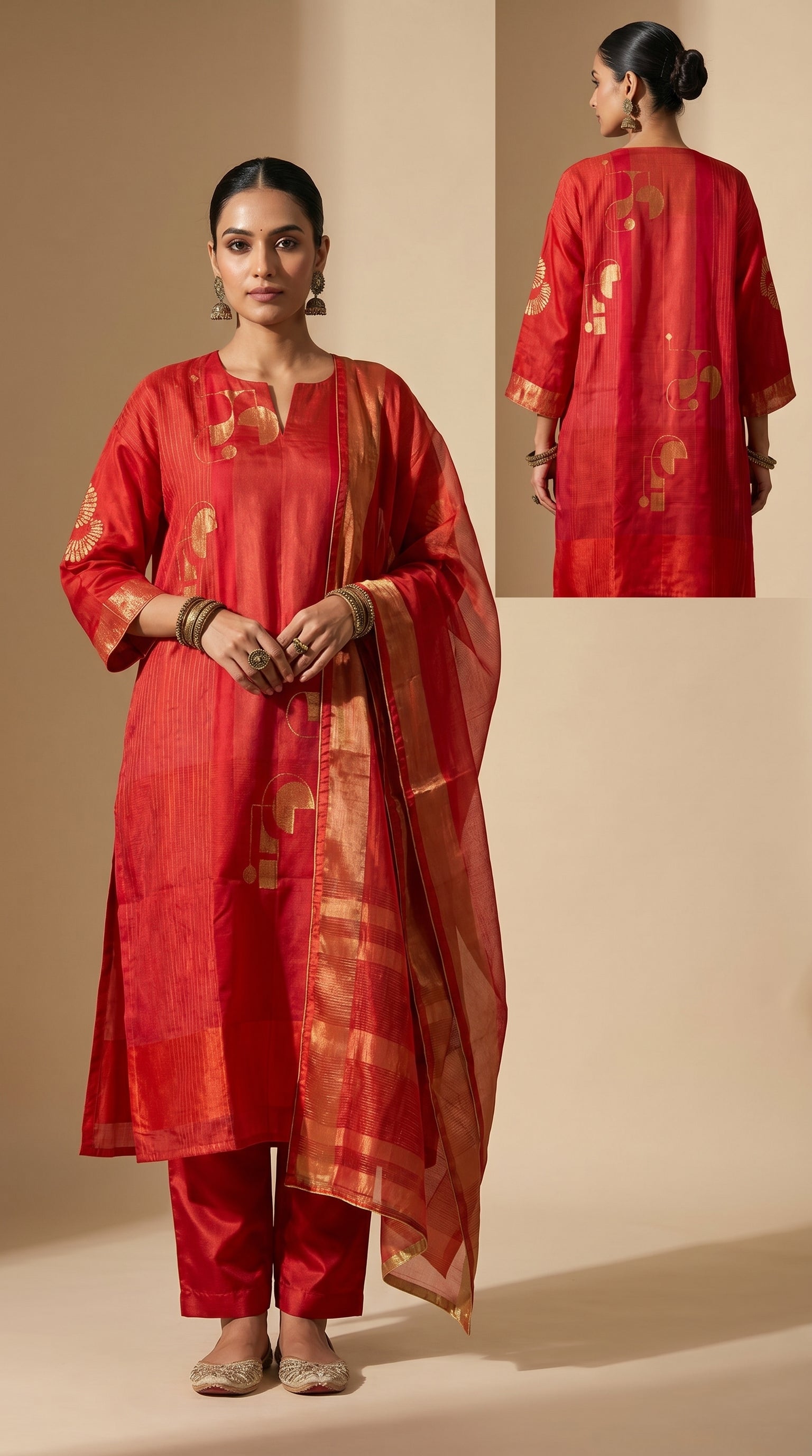 Woman wearing a red traditional kurta with gold patterns on a beige background