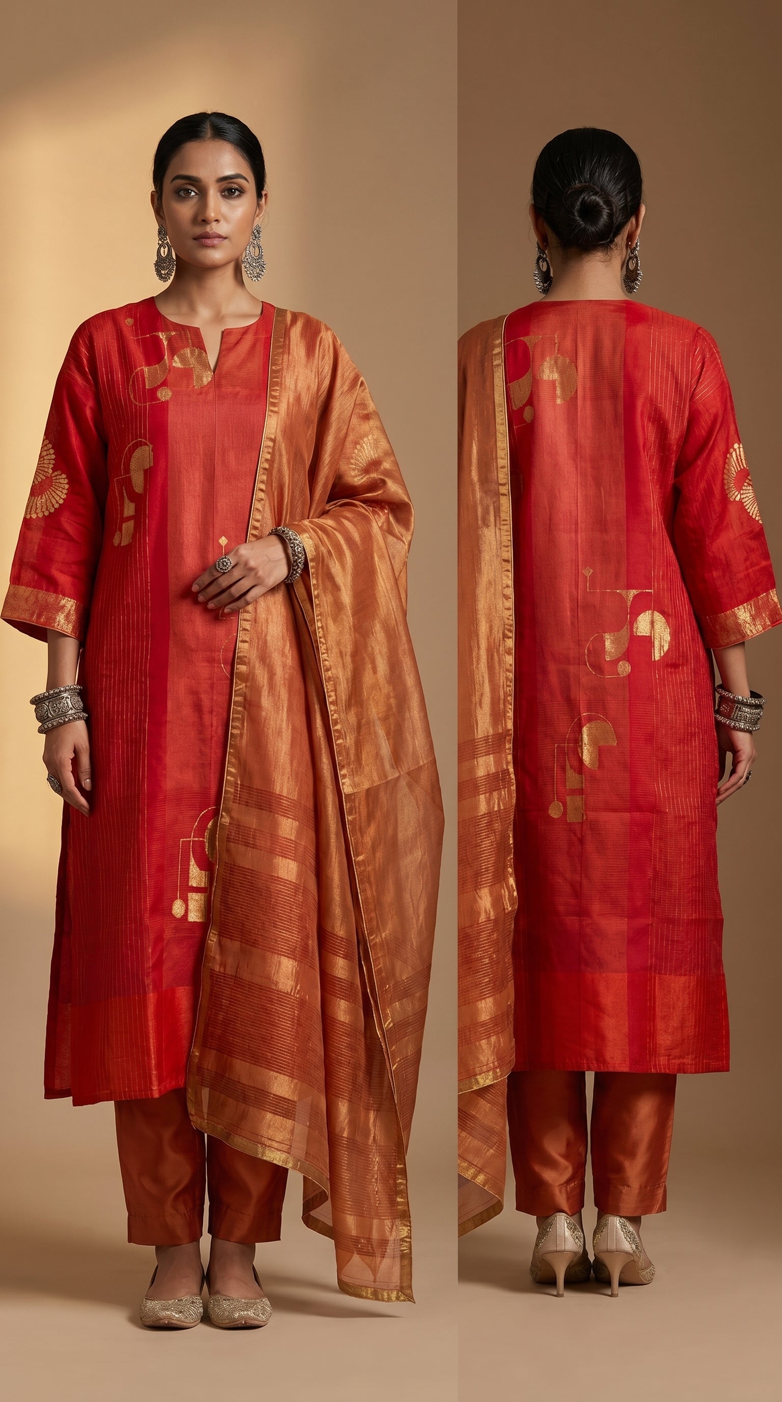 Woman wearing a traditional red and orange kurta with a matching dupatta, shown from front and back.
