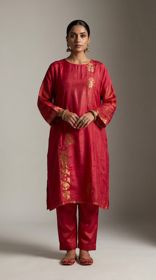 Woman wearing a pink traditional kurta with gold patterns on a neutral background