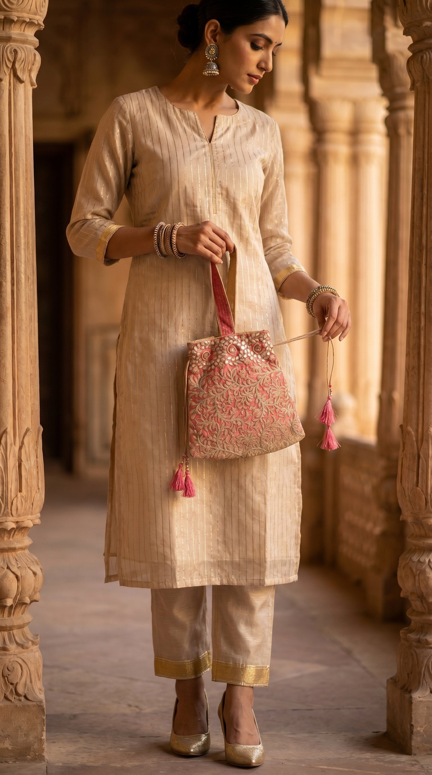 Woman holding a pink handbag with intricate patterns in an ornate architectural setting.
