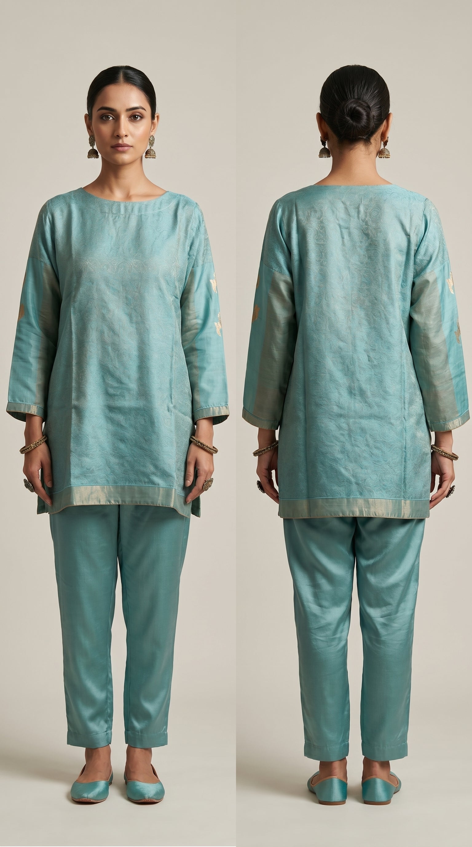Woman wearing a teal traditional outfit with front and back views on a plain background