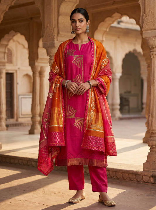 Semi Stitched Chanderi Formal Suitset
