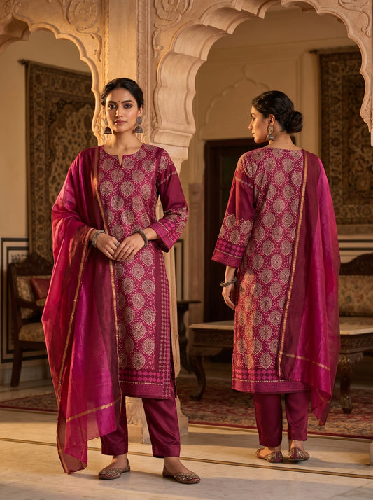 Semi Stitched Chanderi Casual suitset
