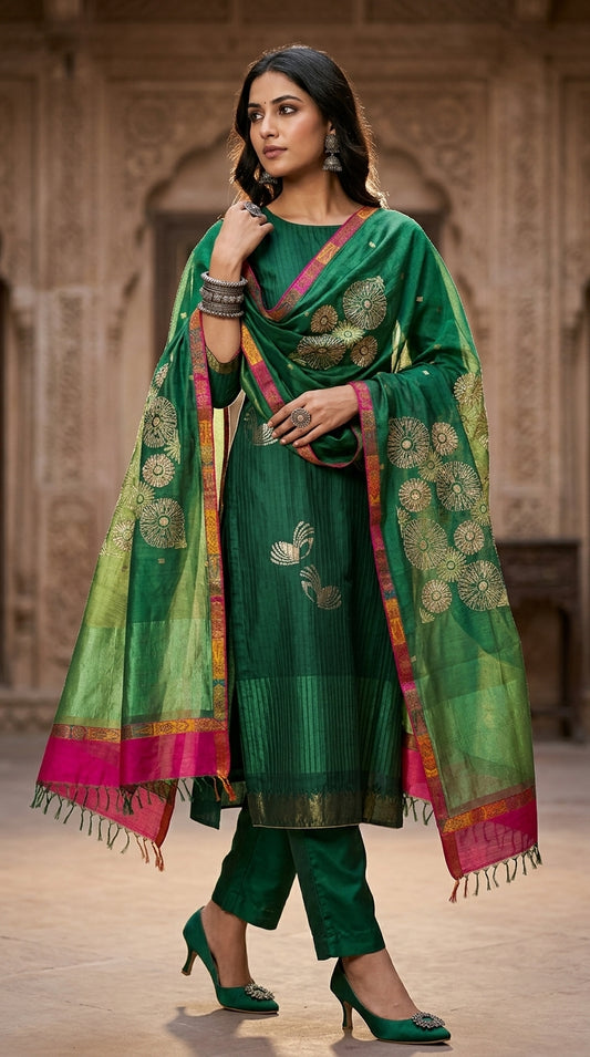 Semi Stitched Formal chanderi Suitset