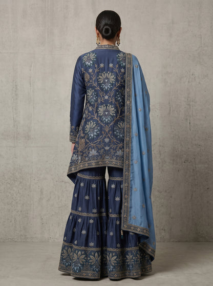 Midnight Blue Hand-Embroidered Pure Silk  | Couture Sharara Set