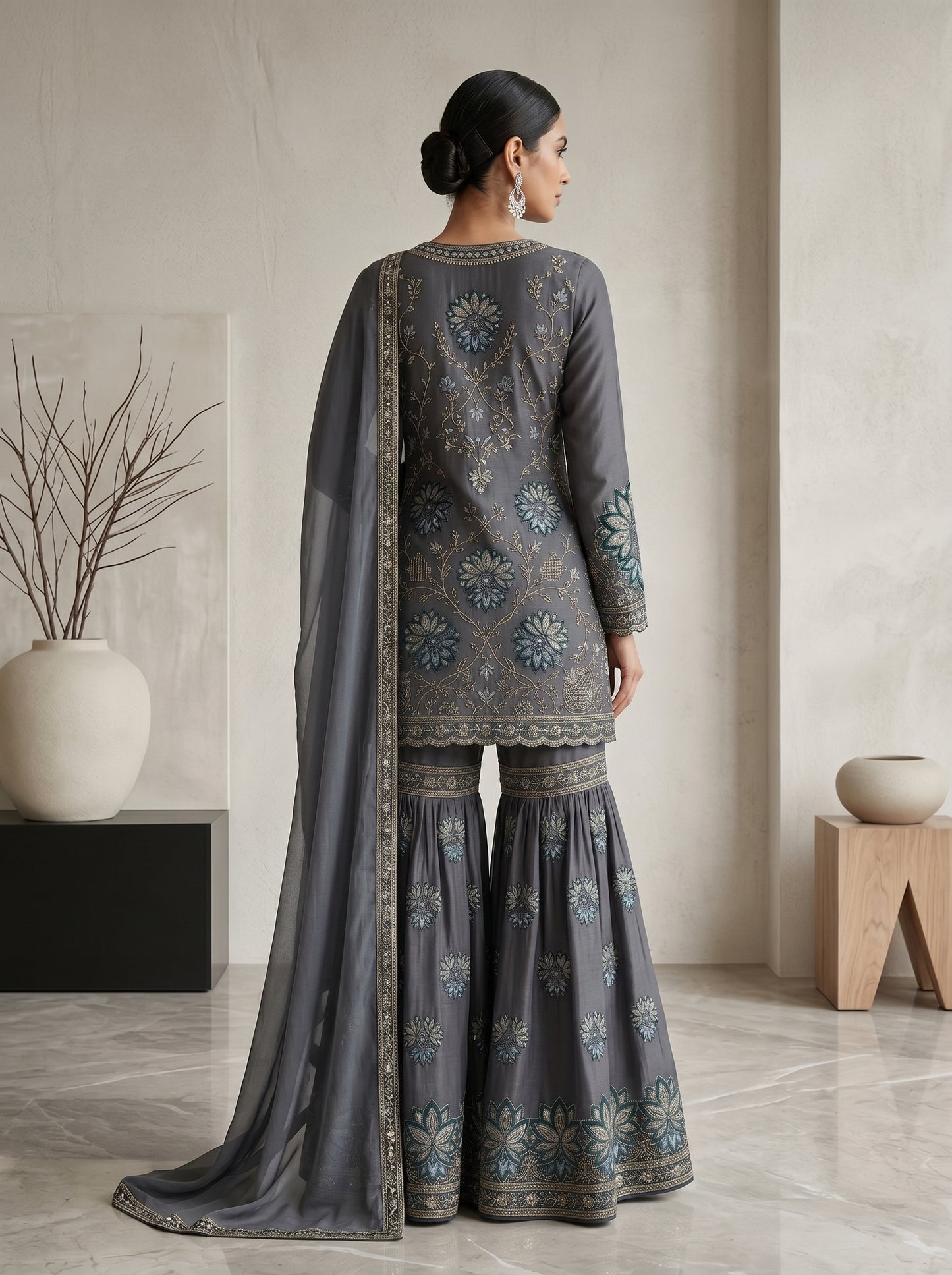 Midnight Peacock Embroidered Georgette | Couture Sharara Set