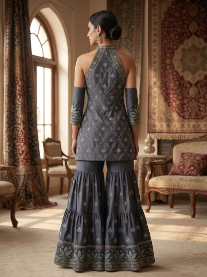 Emerald Verdant Embroidered Georgette  | Couture Sharara Set