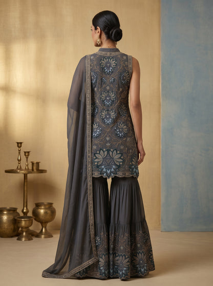 Midnight Bloom Embroidered Georgette  | Couture Sharara Set