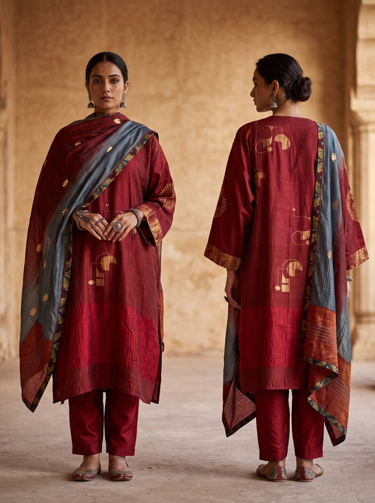 Semi Stitched Chanderi Formal Suitset