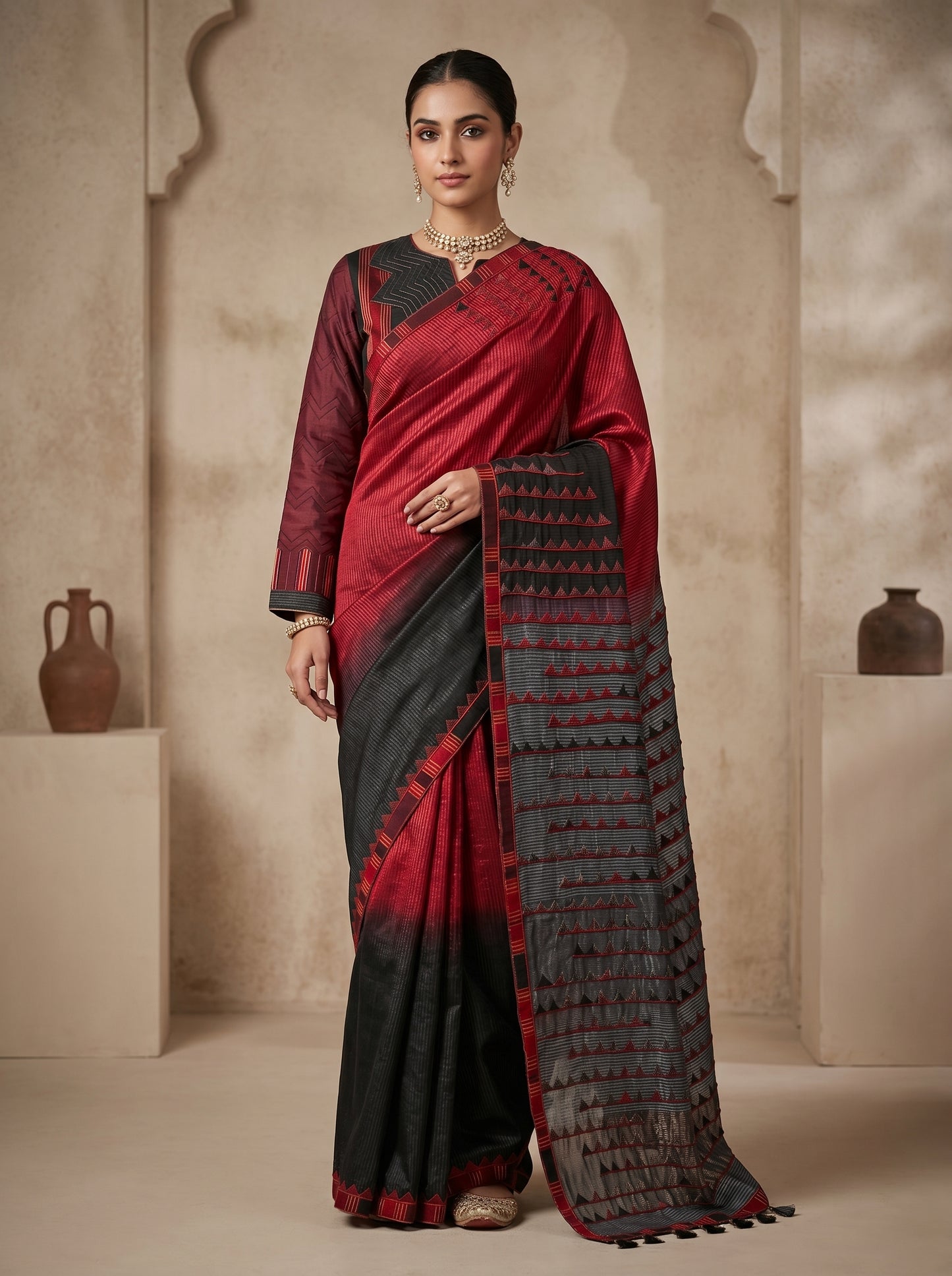 Woman wearing a red and black saree with a patterned border against a neutral background