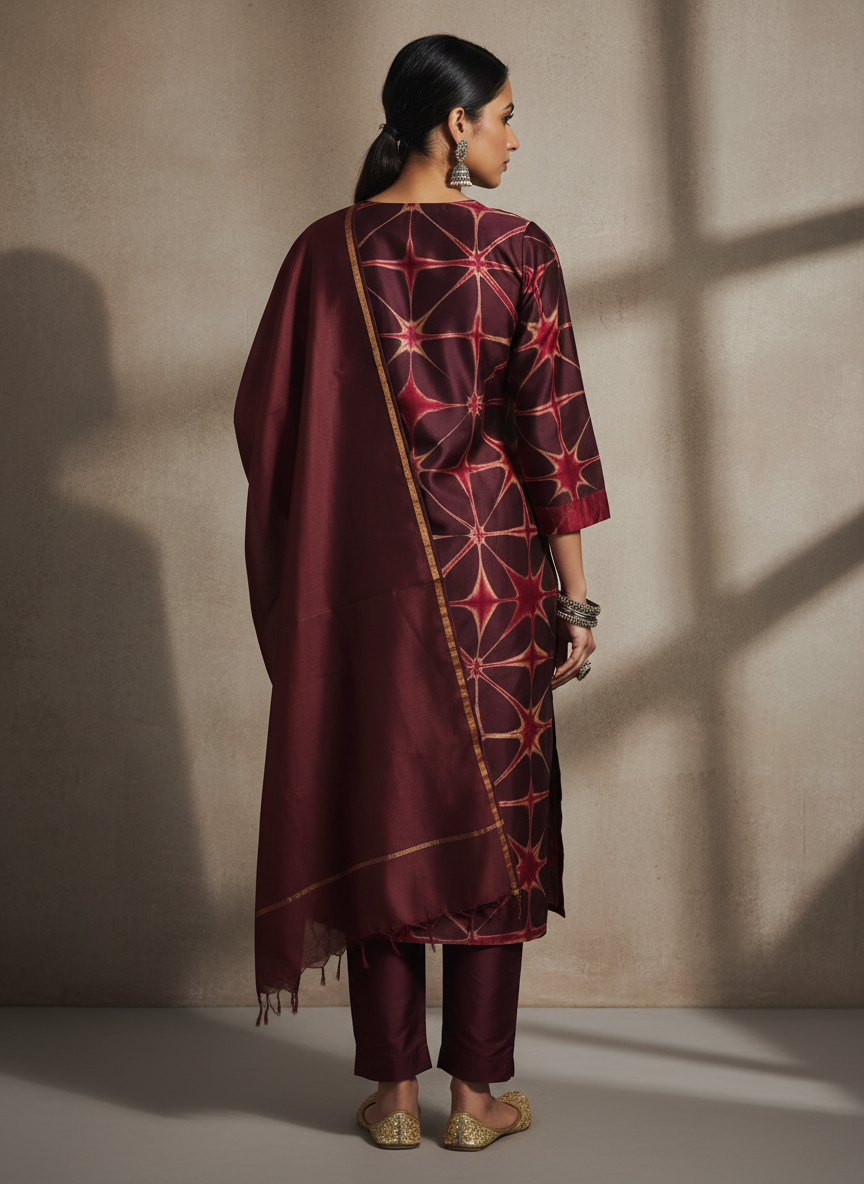 Woman wearing a maroon traditional outfit with geometric patterns against a beige background 