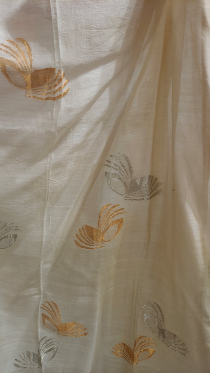 Beige fabric with embroidered gold and brown floral patterns