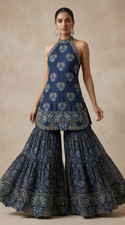 Earthy Rust Hand-Embroidered Georgette | Couture Sharara Set