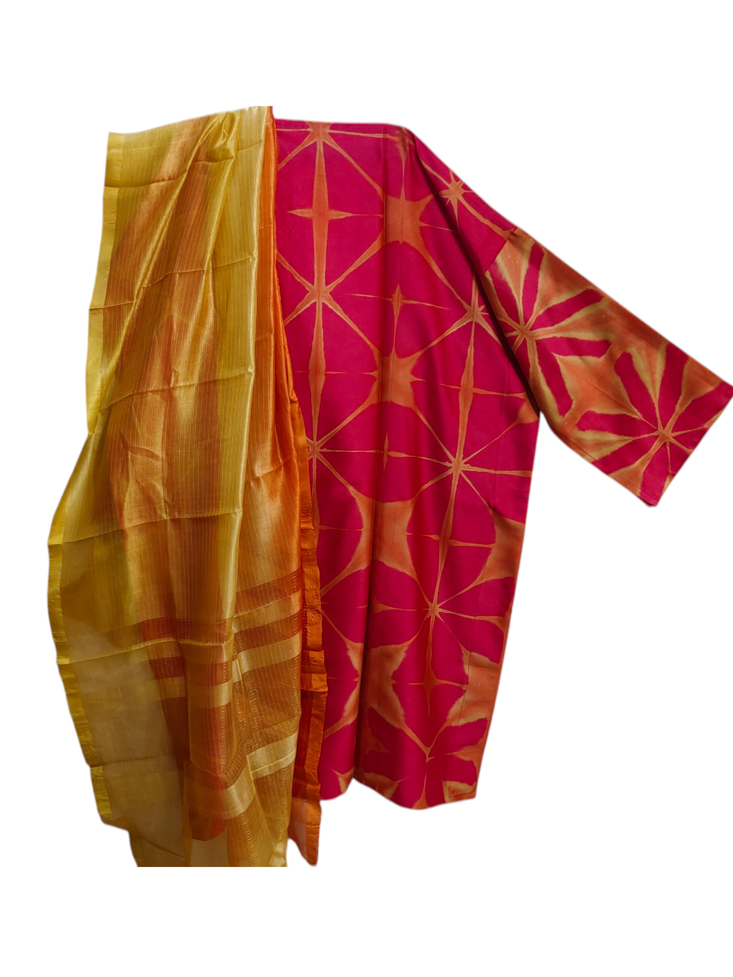 Kurta with pink and orange geometric pattern on a white background