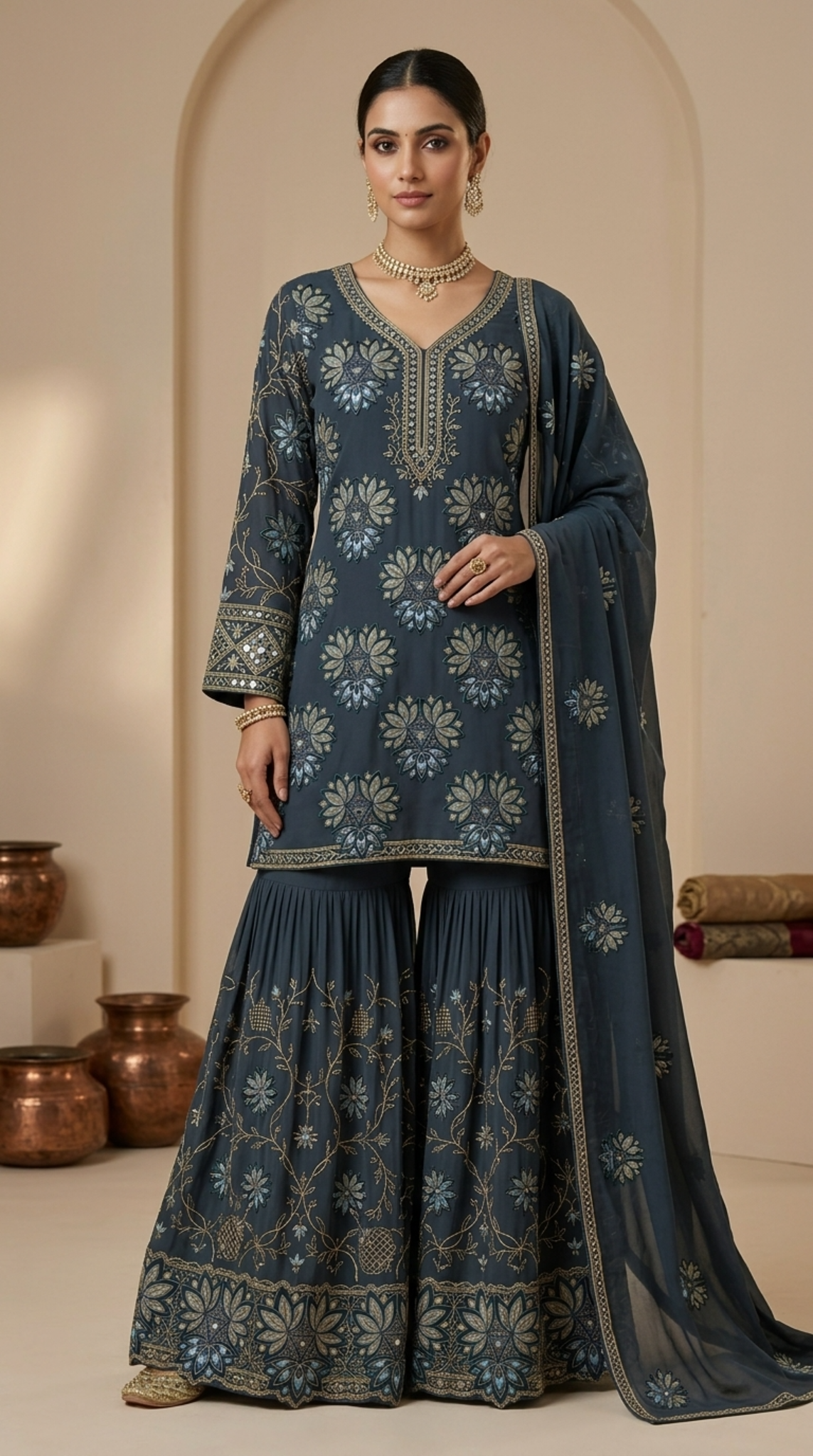 Emerald Green Floral Embroidered Georgette | Couture Sharara Set