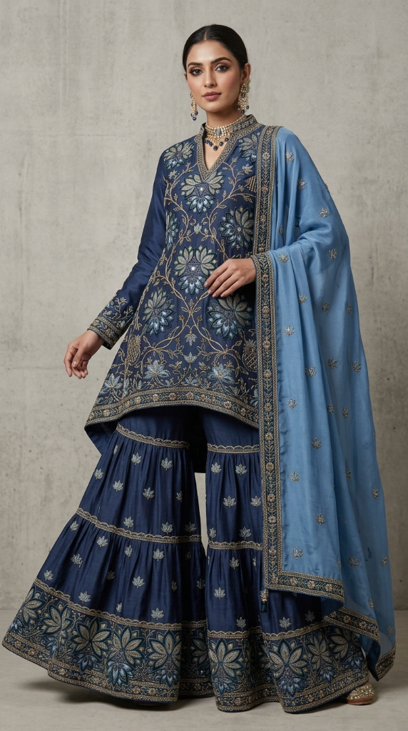 Midnight Blue Hand-Embroidered Pure Silk  | Couture Sharara Set