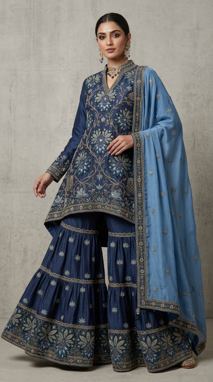 Midnight Blue Hand-Embroidered Pure Silk  | Couture Sharara Set