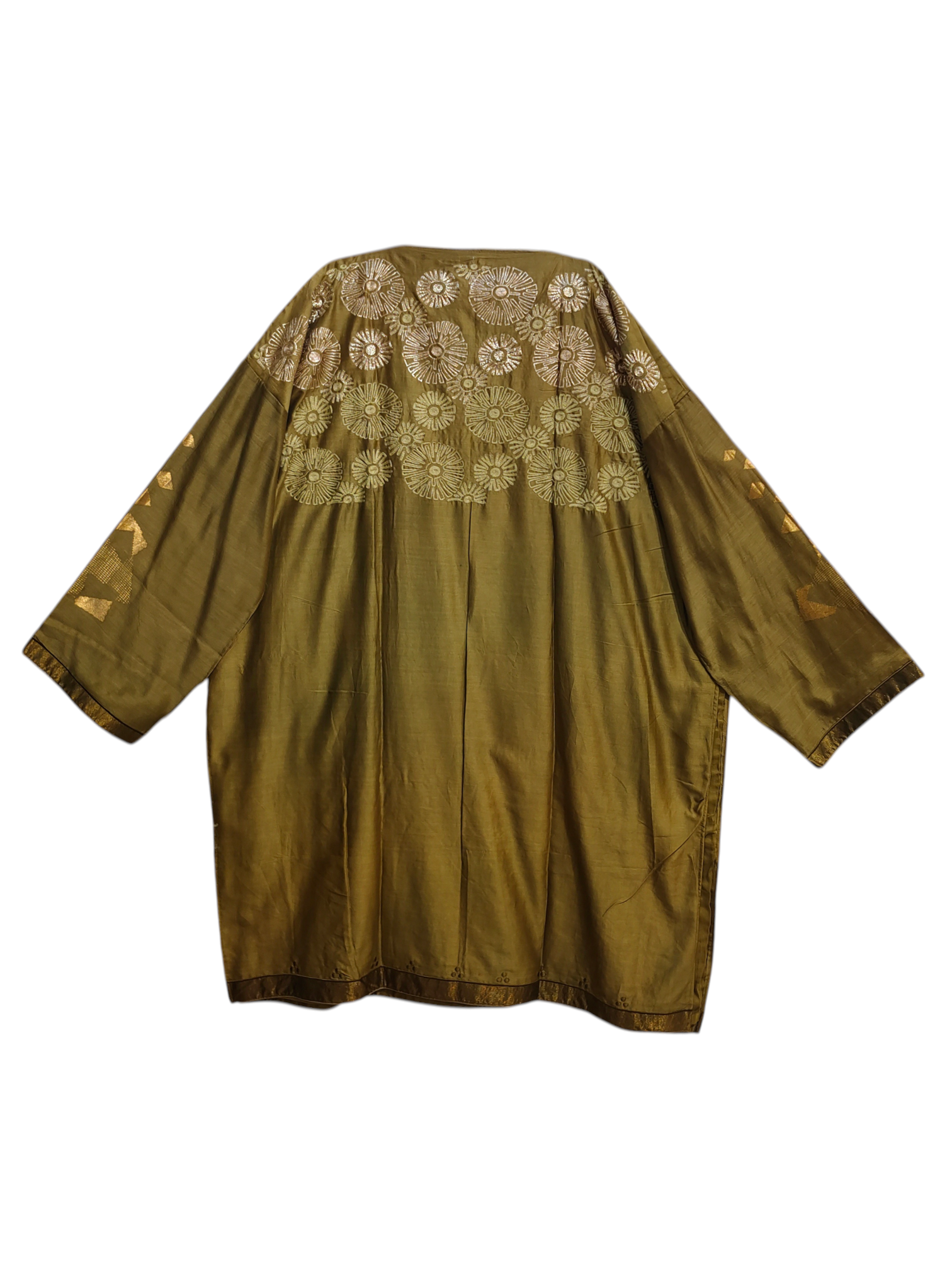Green-brown kurta with floral embroidery on a white background