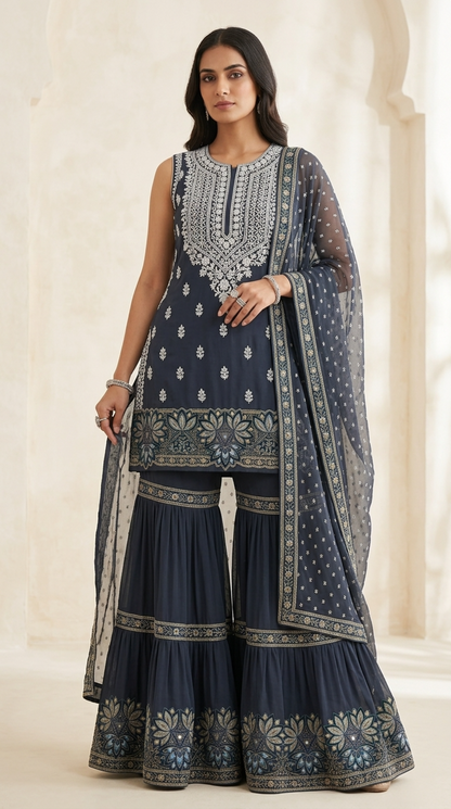 Plum Purple Embroidered Georgette | Couture Sharara Set