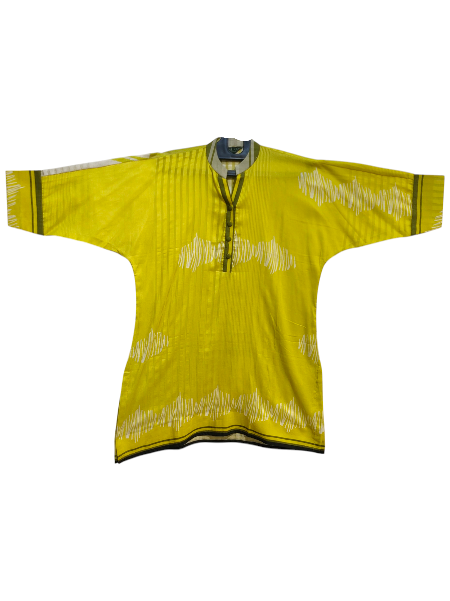 Green long-sleeve shirt with white patterns on a white background
