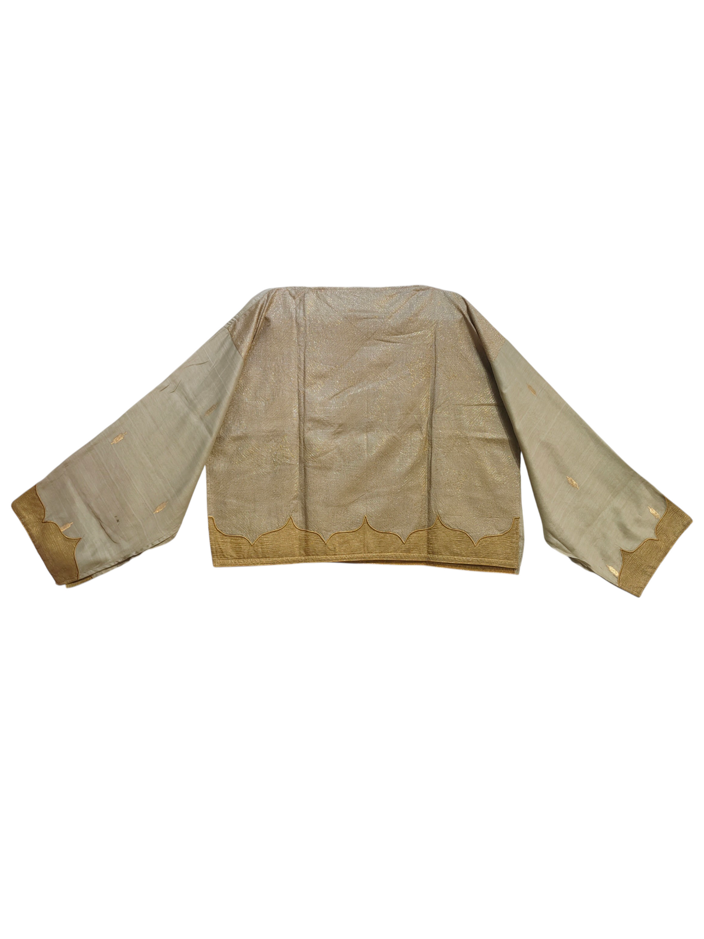 Beige blouse with gold trim on a white background